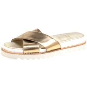 Stuart Weitzman Roza Crisscross Slides Sandals Slip On Leather Metallic Gold 7.5